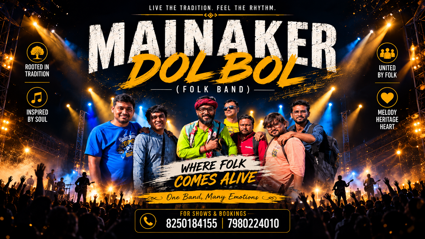 MAINAKER DOLBOL — Six band members performing together on a dramatic lit stage
